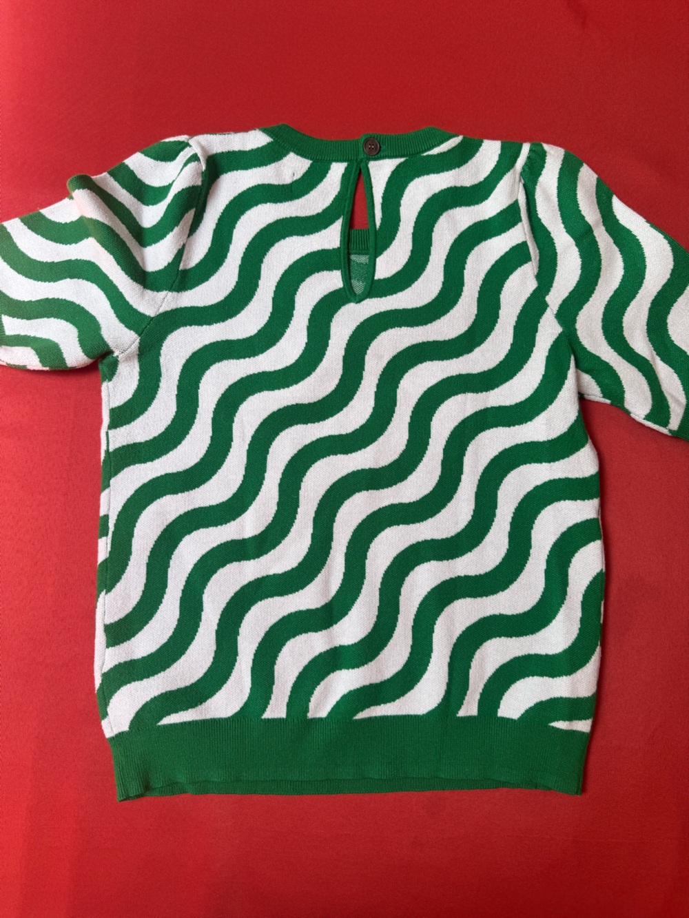 Maeve Green and White Wavy Short Sleeve Knit Sweater